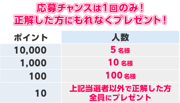 応募チャンスは1回のみ!正解した方にもれなくプレゼント