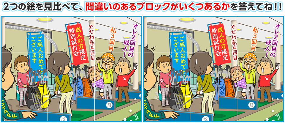 2つの絵を見比べて、間違いのあるブロックがいくつあるかを答えてね