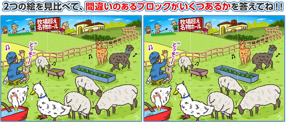 2つの絵を見比べて、間違いのあるブロックがいくつあるかを答えてね