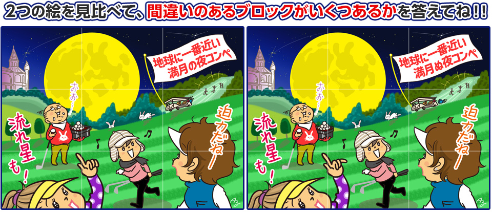 2つの絵を見比べて、間違いのあるブロックがいくつあるかを答えてね